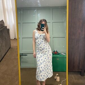 Floral White and Blue Midi Dress